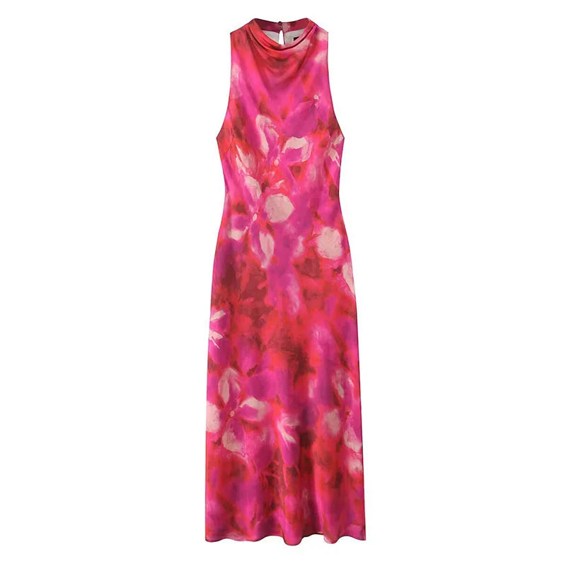 Printed Satin Midi Dress Women Sleeveless Back Button