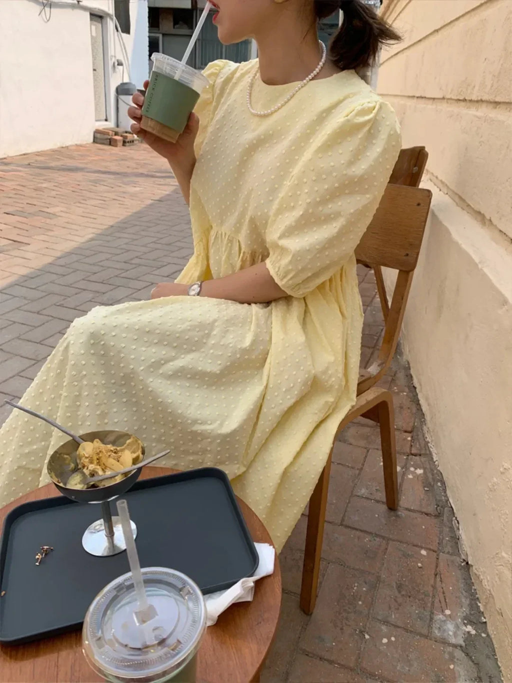 Women Polka Dot Puff Sleeve Long Dress Casual Party