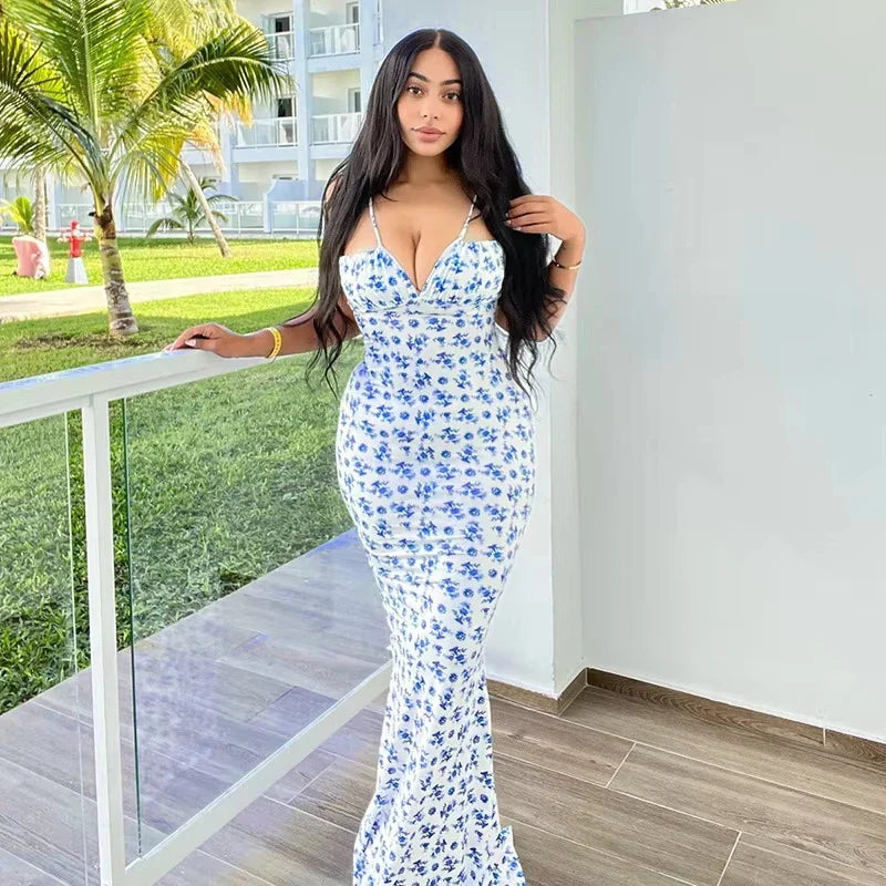 Floral Suspender Dress Slim Fit For Women Country Style