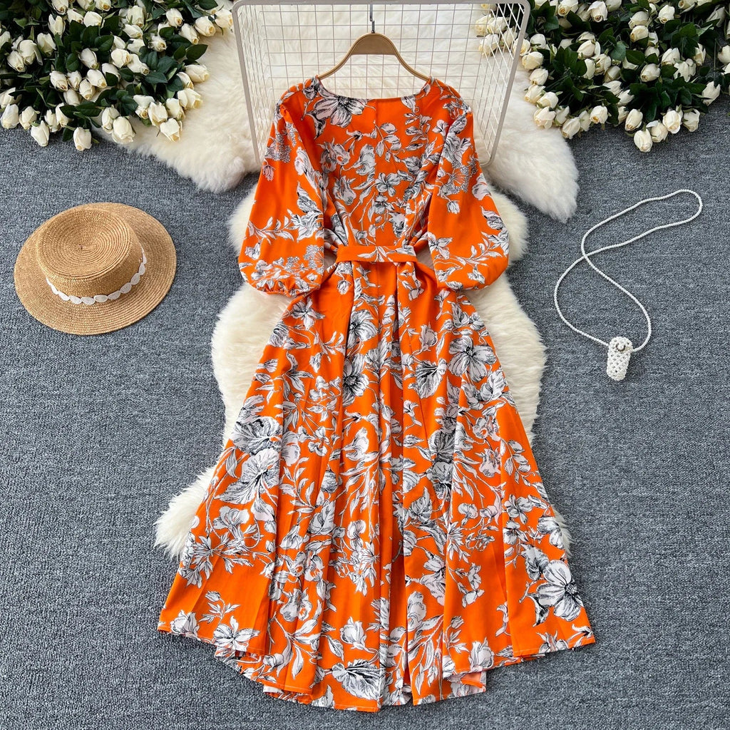 Boho Floral Print Pleated Maxi Dress With Puff Sleeves Belt