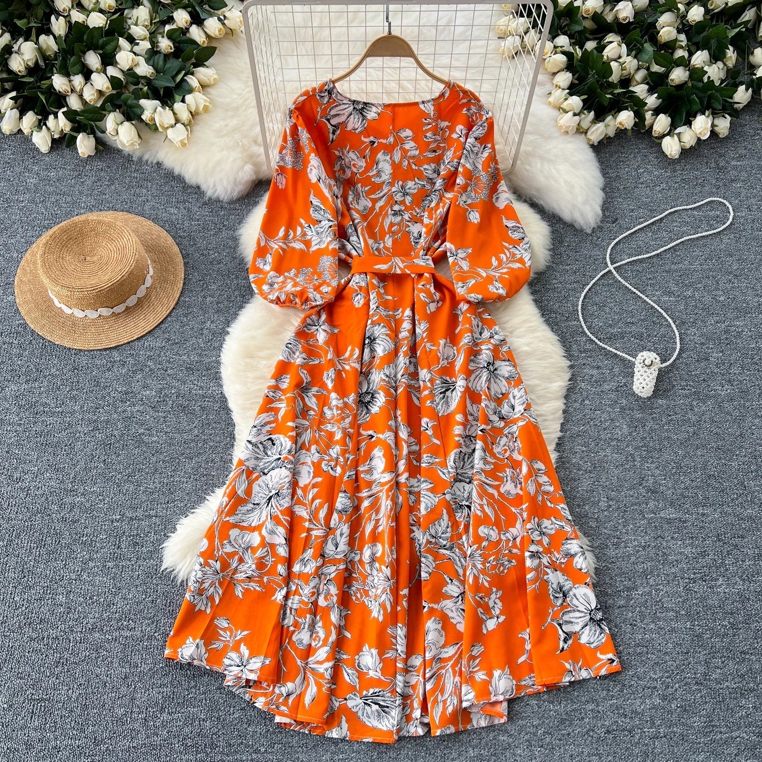 Boho Floral Print Pleated Maxi Dress With Puff Sleeves Belt