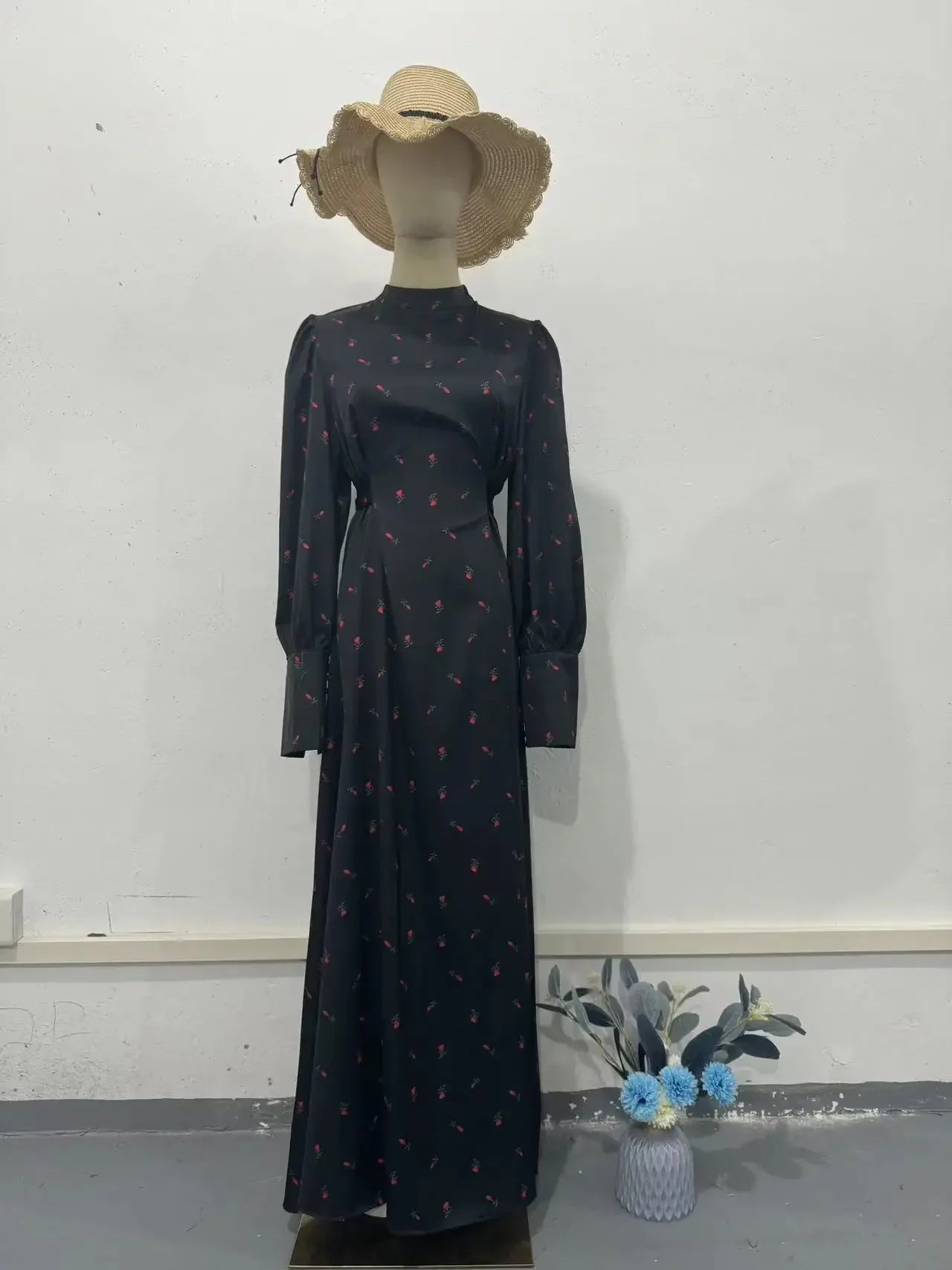 Black Print Dress For Women O Neck Long Sleeve Lace Up