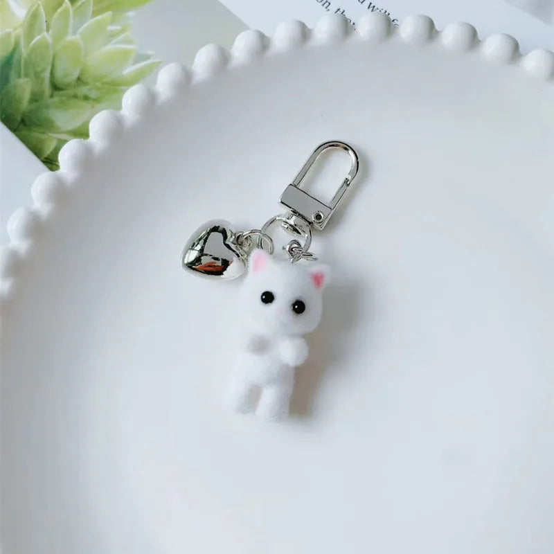 Cute Flocking Cat Keychain 3D Love Pendant Headphone Charm Bag Decor Jewelry Gift