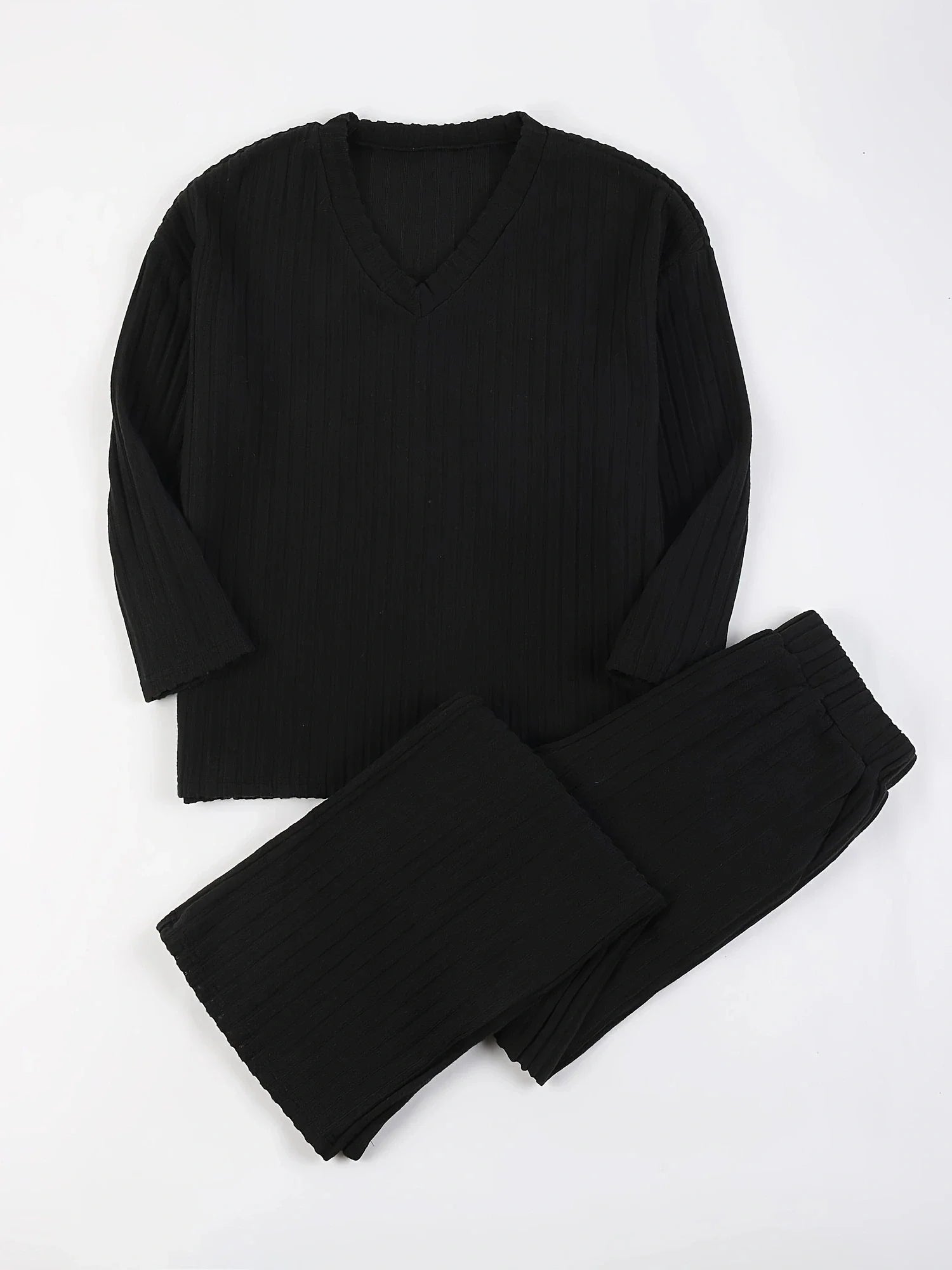 Autumn Winter Loose Casual V Neck Striped Knitted Two-Piece Set with Long Sleeve Top and Straight Tube Pants
