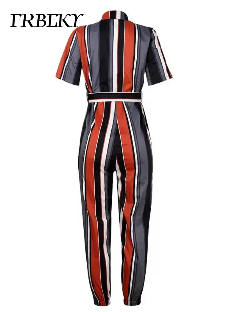 Casual Chic Overalls for Women Lapel Lace-Up Print Belted Work Jumpsuit One-Piece Bodysuit Elegant Long Sleeve Jumpsuit with Stylish Fit