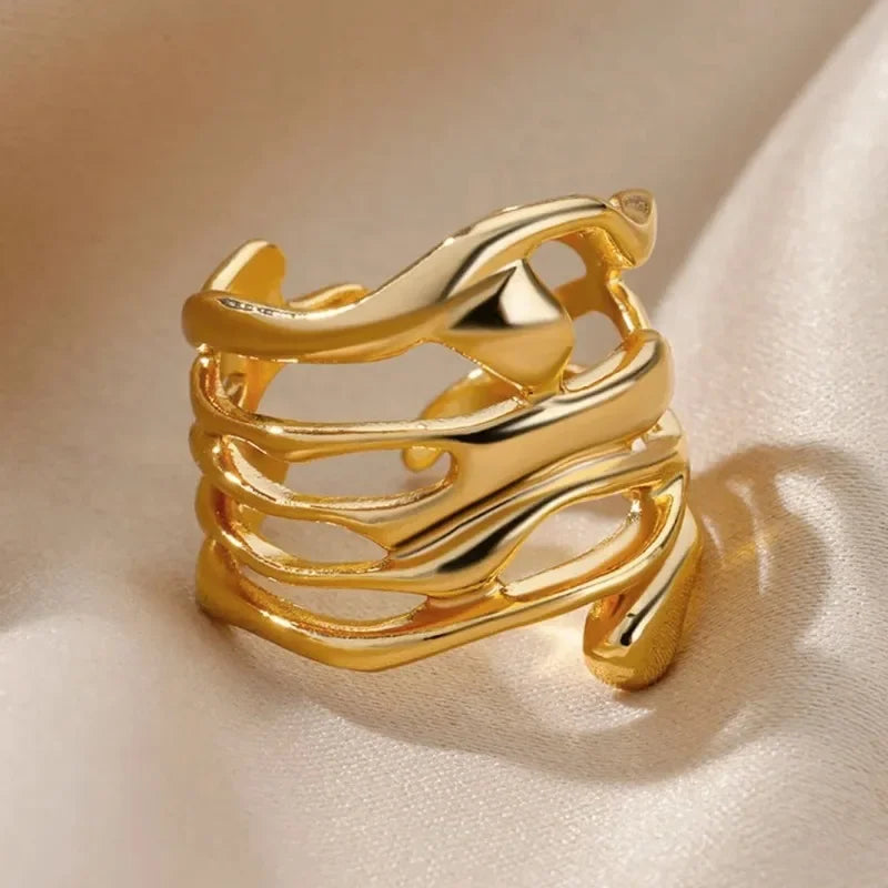 Hollowed-Out Electroplated Golden Ring Wide Band Fashion Jewelry Gift
