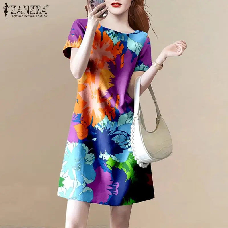 Floral Print Knee Length Summer Dress With Short Sleeve