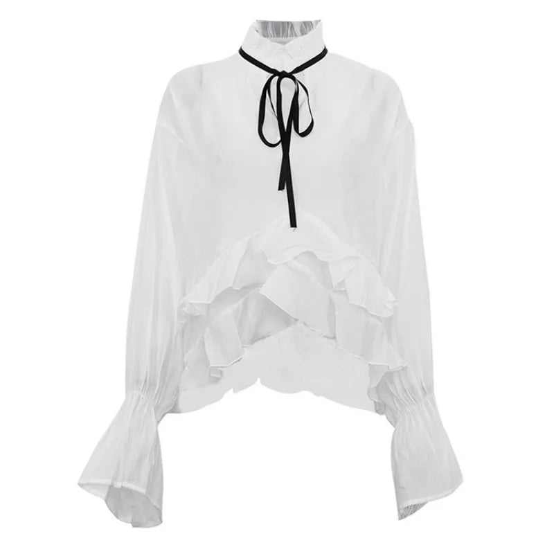 Sexy Loose White Women's Shirt With Ruffles Long Sleeve Sheer Elegant Blouse Stylish Transparent Top