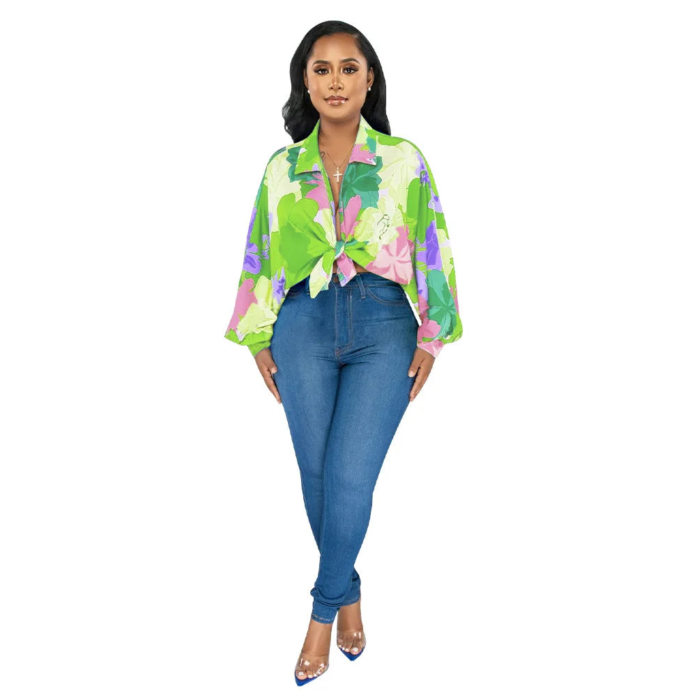 Women's Printed V-Neck Ramie Shirt Loose Bat-Sleeve Summer Top with Belly Cover Age-Reducing Design