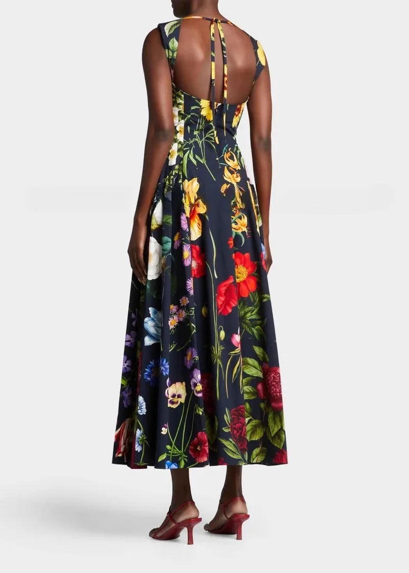 Womens Floral Print Backless Dress With Square Collar