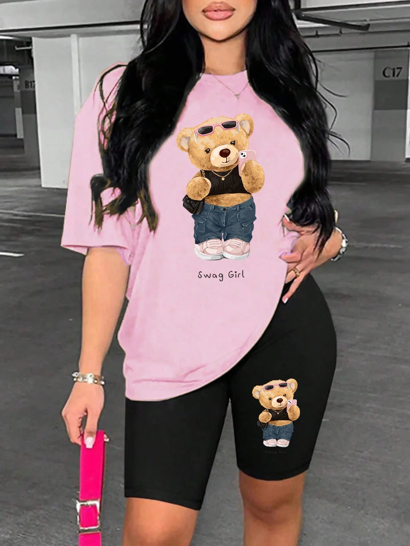 Cute Plush Bear Two Piece Women's Shorts and Short Sleeve T-Shirt Set Soft Cotton Blend Comfy Casual Lounge Wear Stylish Sporty Outfit