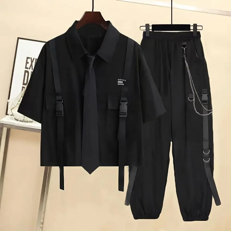 Casual Streetwear Cargo Pants Set with Chain and Harajuku Style Shirt for Women - Two Piece Loose Joggers and Blouse Outfit in Black and White