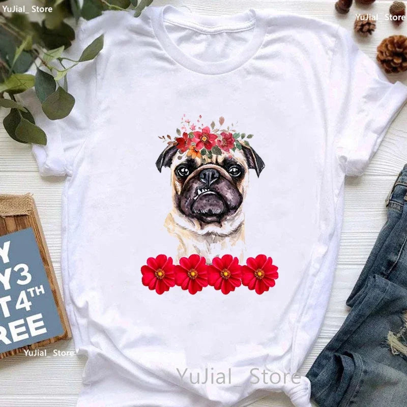 Golden Puppy Sunflower Dog Lover T Shirt for Girls Kawaii Summer Fashion Top with Pug and Yorkie Design