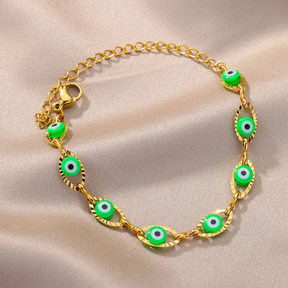 Gothic Rainbow Evil Eye Bracelet for Women Stainless Steel Gold Color Turkish Charm Chain Jewelry