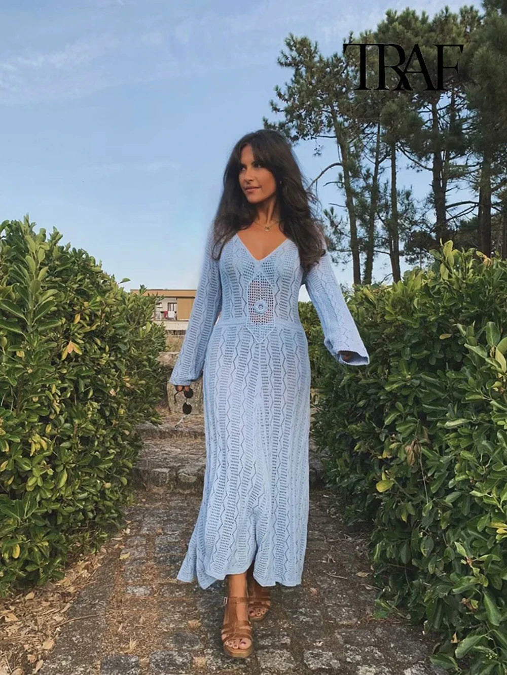 Blue Knit Beach Maxi Dress V Neck Long Sleeve Sheer