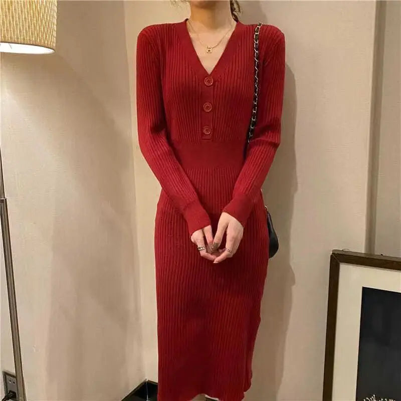 Knit V Neck Women Sweater Dress Long Sleeve Bodycon Office