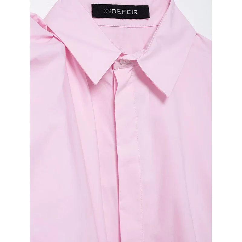 Women Long Sleeve Blouse with Turn Down Collar Pink Spring Top Chic Shoulder Design Office Shirt for Ladies