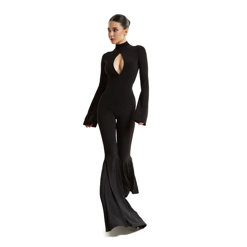 Slim Fit Hollow Out Long Sleeve Semi High Neck Jumpsuit with Elastic Waist Solid Color Women's Slim Pants Y2K Inspired Bottoms