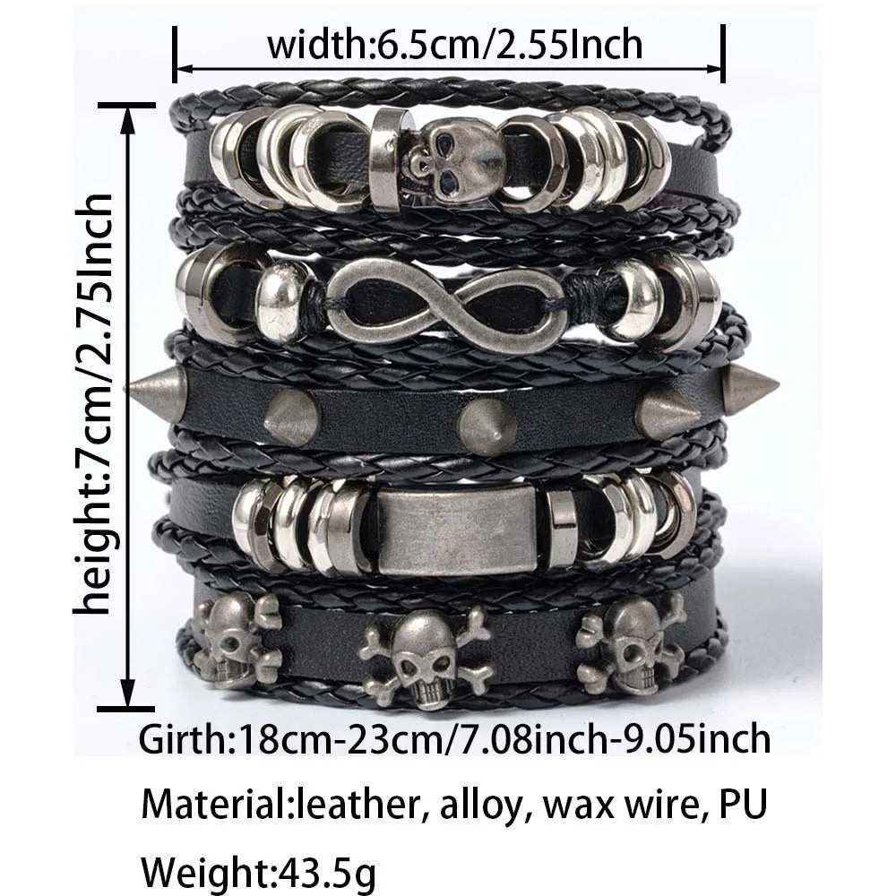 Punk Style Evil Eye Skull Bracelet Set with Adjustable PU Leather and Beads - 4/5/6 Pieces