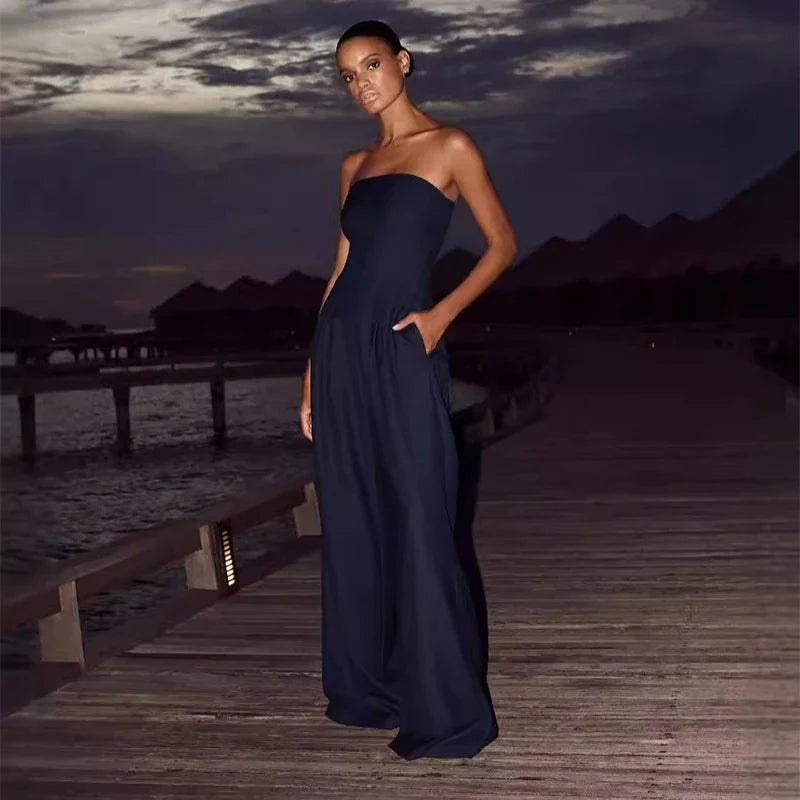 Solid Backless Off Shoulder Jumpsuit for Women Waist Cinching Wide Leg Pants with Pockets Elegant Summer Bodysuit Outwear