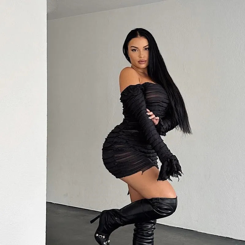 Backless Boat Neck Long Sleeve Dress for Party and Club