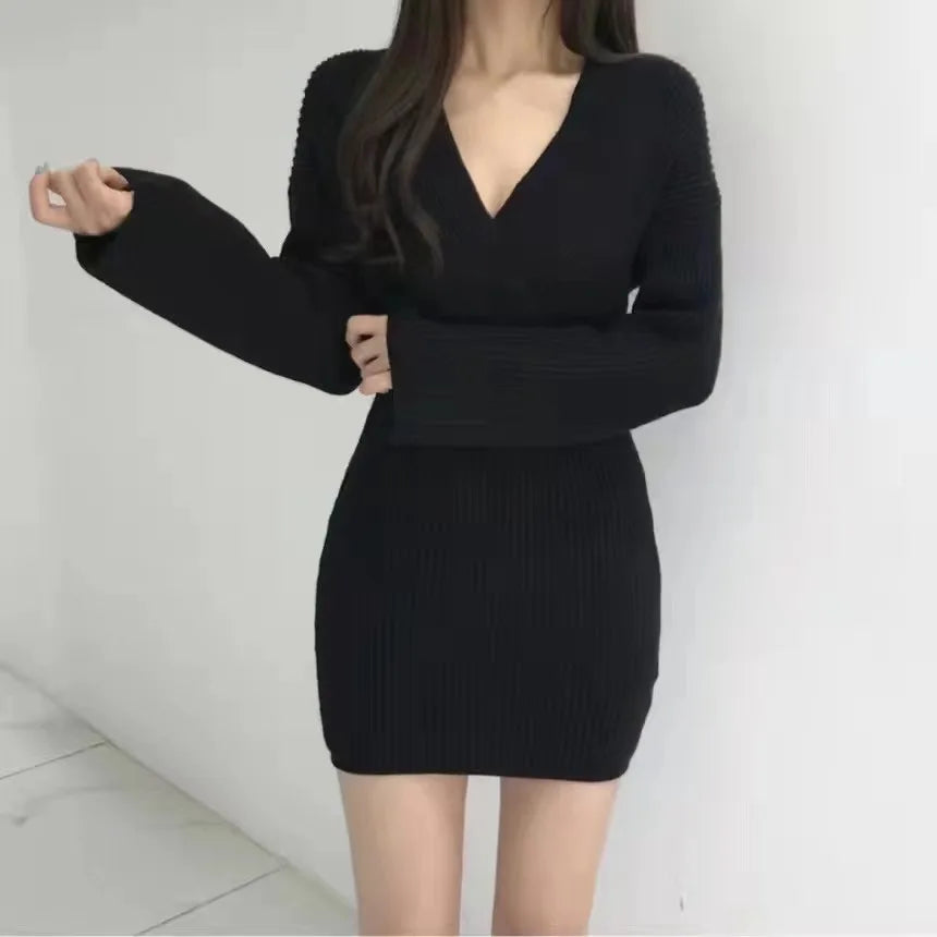 Cross V Neck Knitted Sweater Dress Wrap Style Short Fit