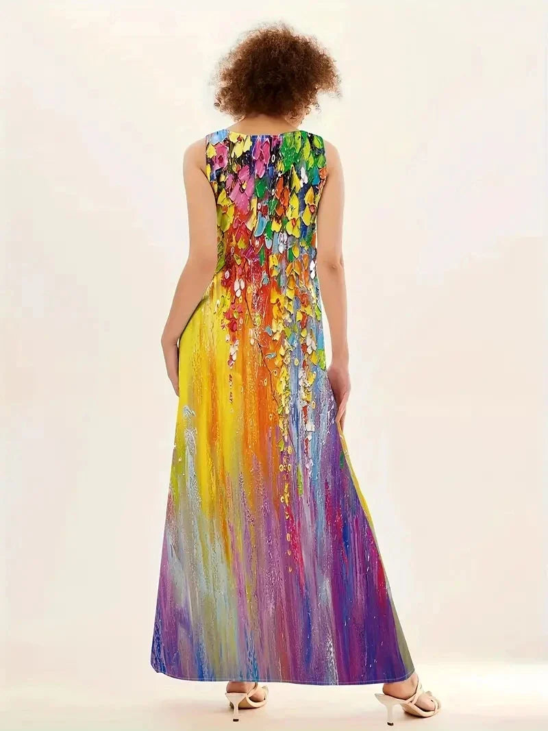 Bohemian Print Sleeveless V Neck Maxi Dress For Summer