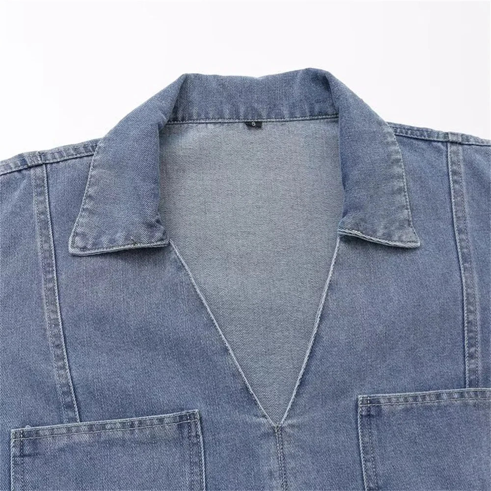 Autumn Women's Fashion Casual Denim Shirt with Collar and Long Sleeves Paired with High Waist Wide Leg Jeans Set