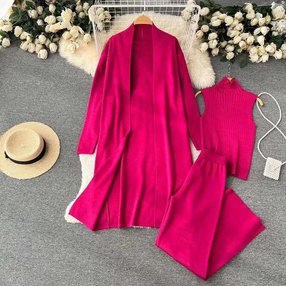 3 Piece Knitted Tracksuit Set for Women Comfy Loungewear with Long Cardigan Coat Turtleneck Vest and Pants