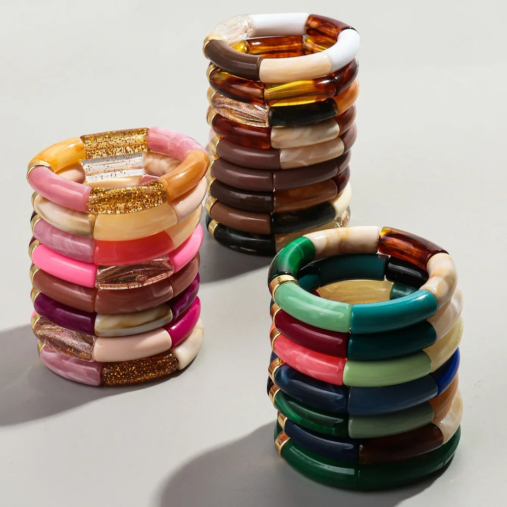 Boho Chunky Bamboo Stackable Bracelet for Women with Colorful Tube Beads and Elastic Design