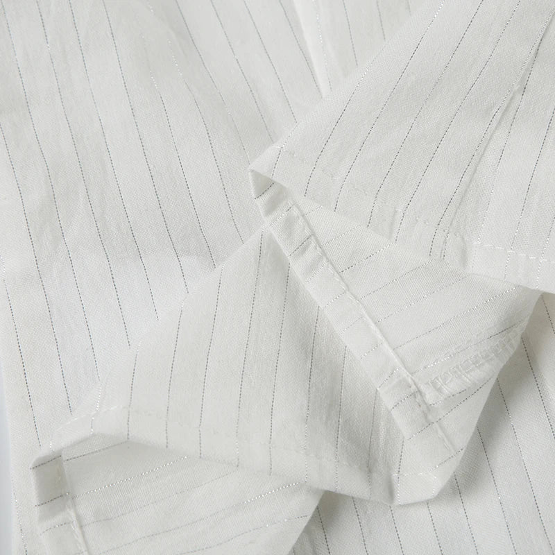 Slim Striped Blouse for Women Casual V-Neck Turn-Down Collar Short Puff Sleeve Summer Shirt