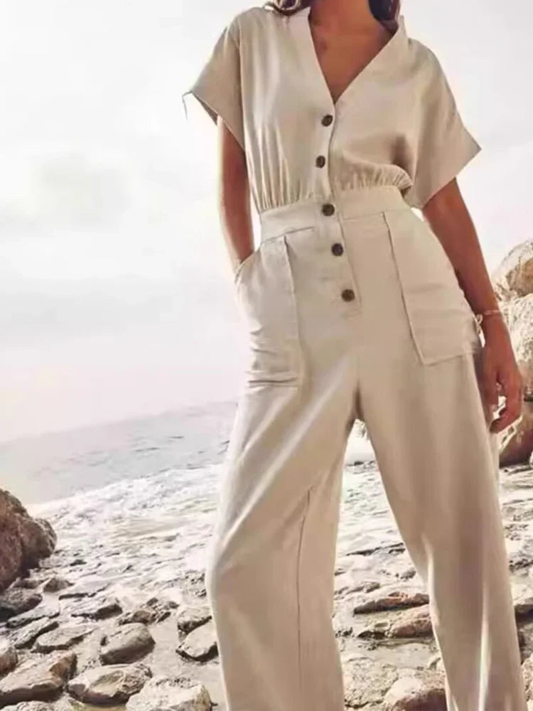 Summer Casual V Neck Sleeveless Linen Blend Jumpsuit Straight Long Holiday Style