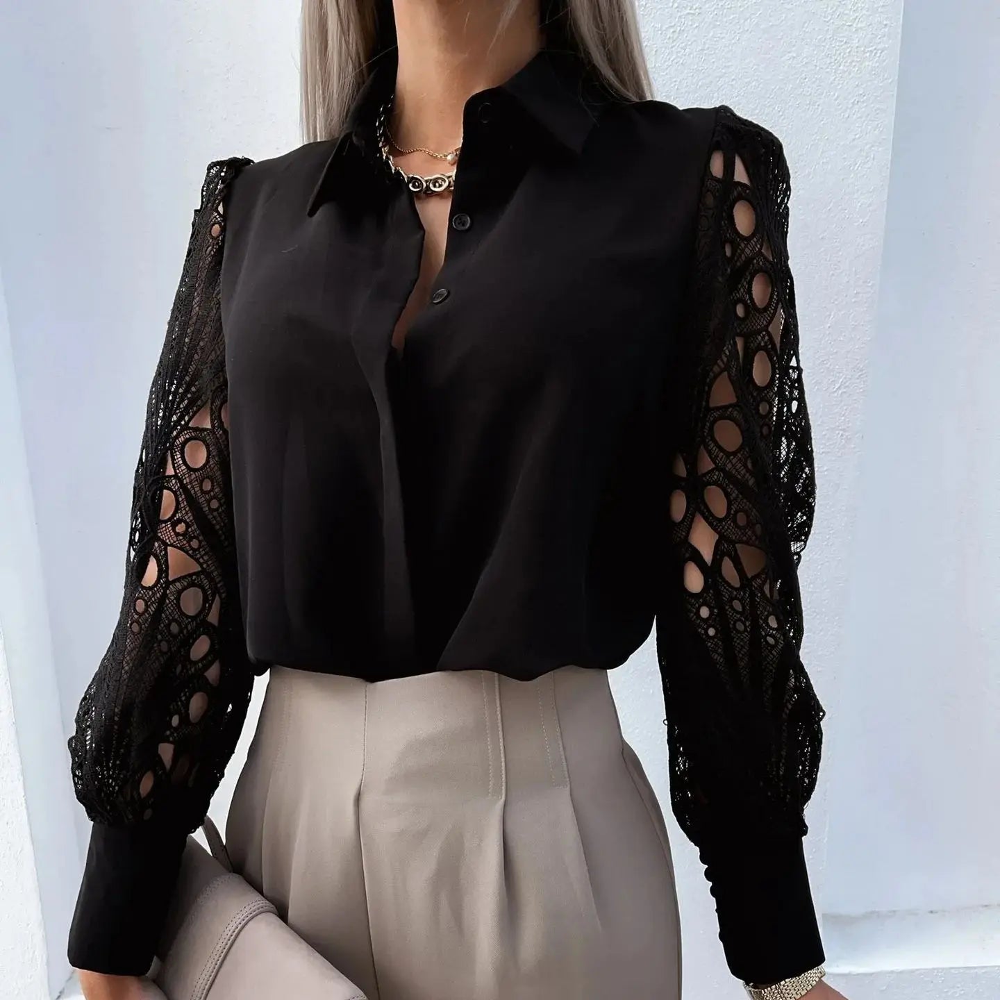Women Elegant Solid Chiffon Blouse Casual Long Sleeve V Neck Loose Fit Office Tunic Oversized Spring Summer Top
