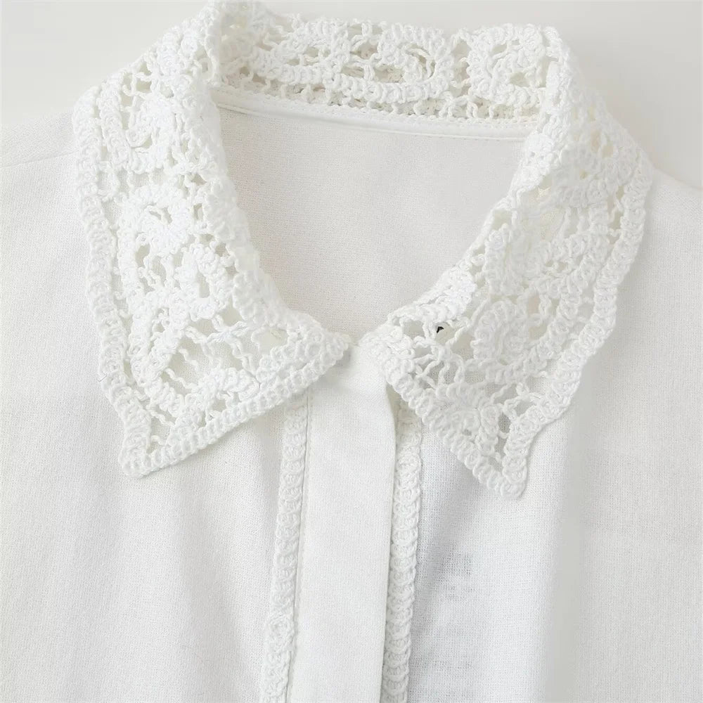 Versatile Women's Crochet Long Sleeve Lapel Shirt and Straight Leg Casual Pants Fashion Set