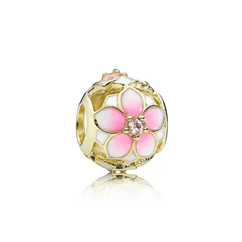 Sparkling Pink Cherry Blossom Daisy Charm Beads for 925 Silver Bracelet DIY Women's Jewelry Gifts