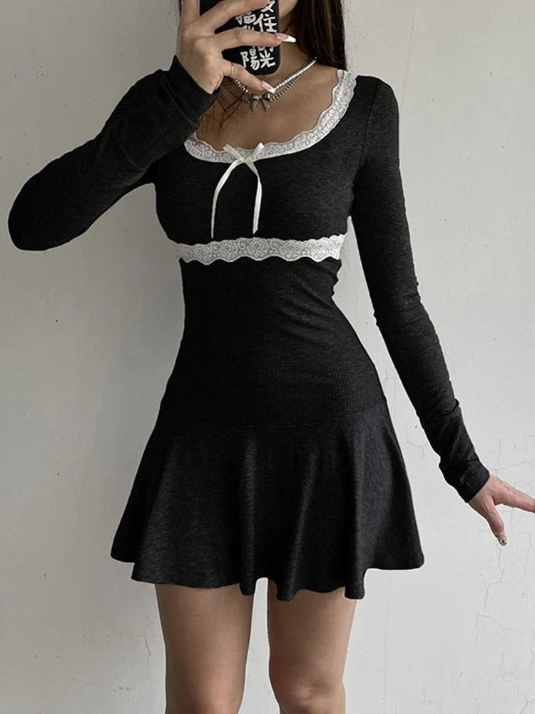 Black Long Sleeve Lace Bodycon Mini Dress For Party