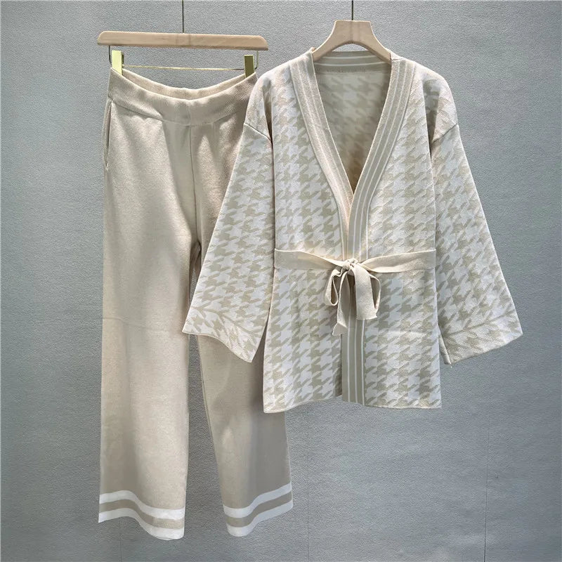 Winter Casual Knitted Cardigan and Wide Leg Pant Set for Women - Long Sleeve Sweater Tracksuit