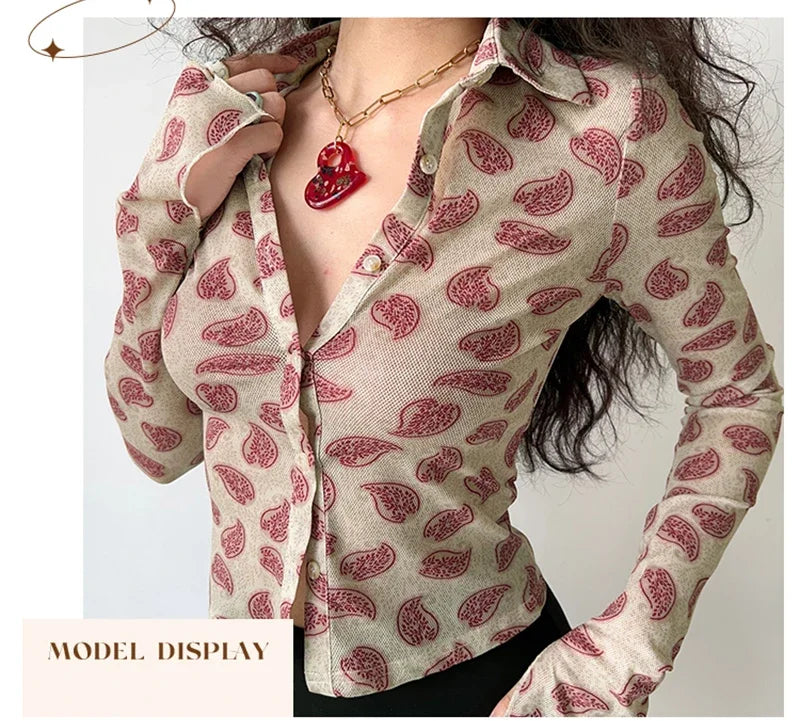 Women Printed Long Sleeve Blouse Turn-Down Collar Button-Up Cardigan Shirt Casual Office Top Vintage Autumn Fashion