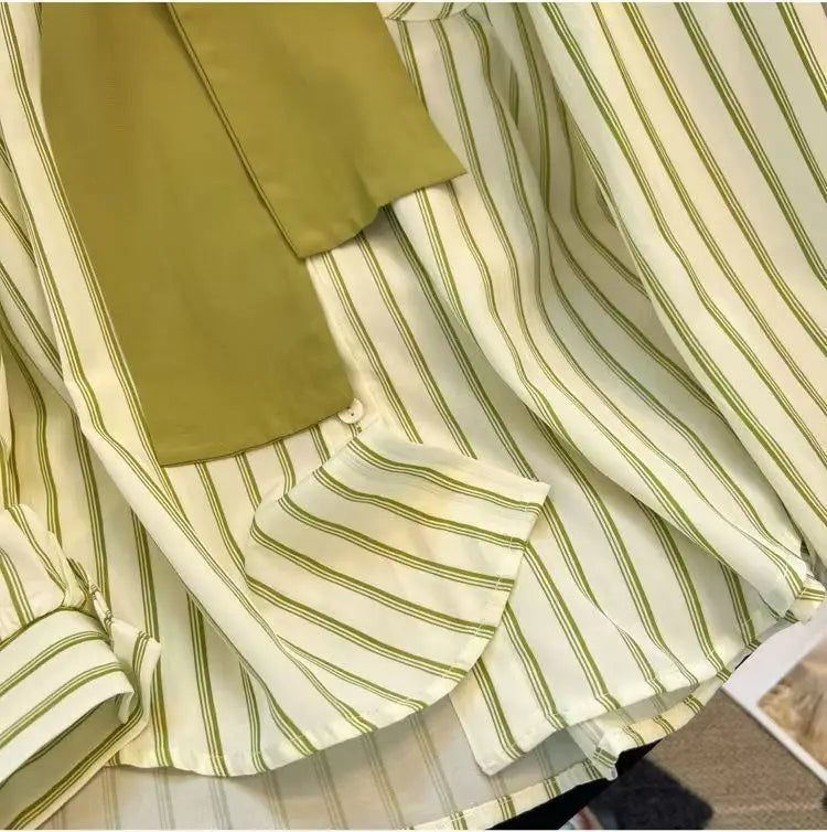 Chic Casual Fake Two Piece Long Sleeve Stripe Shirt for Women Stylish Matching Blouse Top