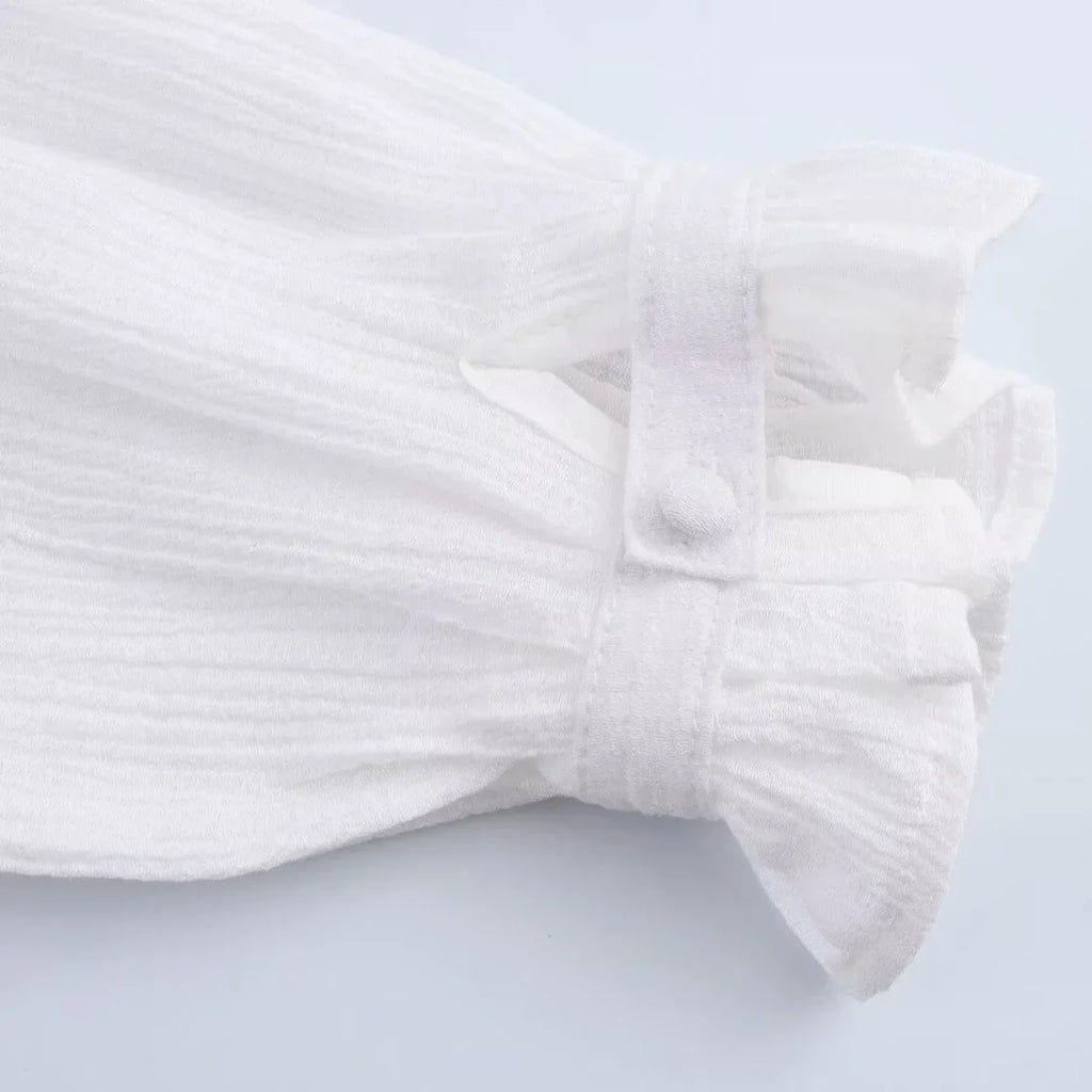 Women's Embroidered V-Neck Long Sleeve Shirt Single-Breasted Loose Hem Casual Chic Top for Spring and Summer