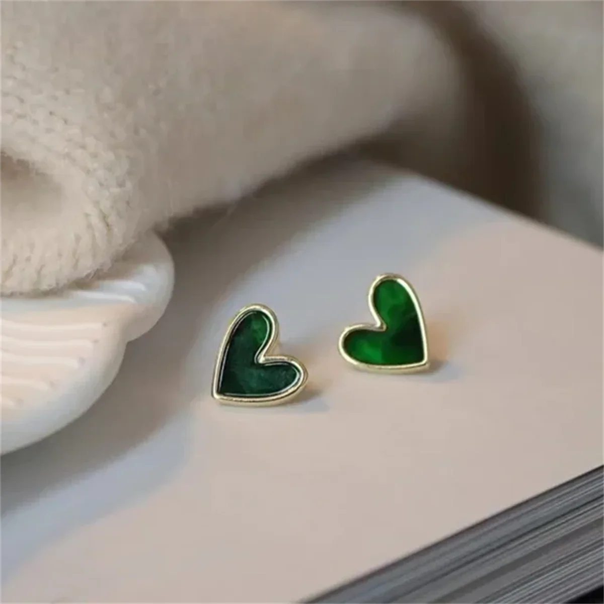 Cute Heart Bling Zircon Earrings for Women Dark Green Vintage Gold Color Fashion Jewelry