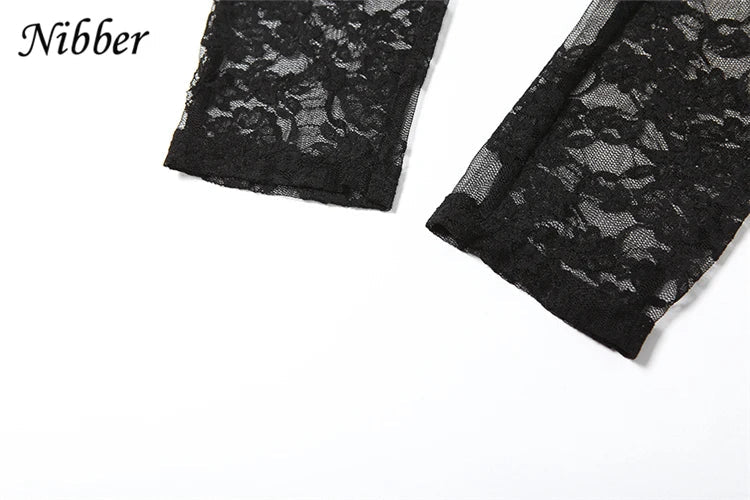 Nibber Lace Mesh Sexy Sheath Jumpsuit for Women Long Sleeve See-Through Skinny One Piece Overalls Midnight Coquette Design