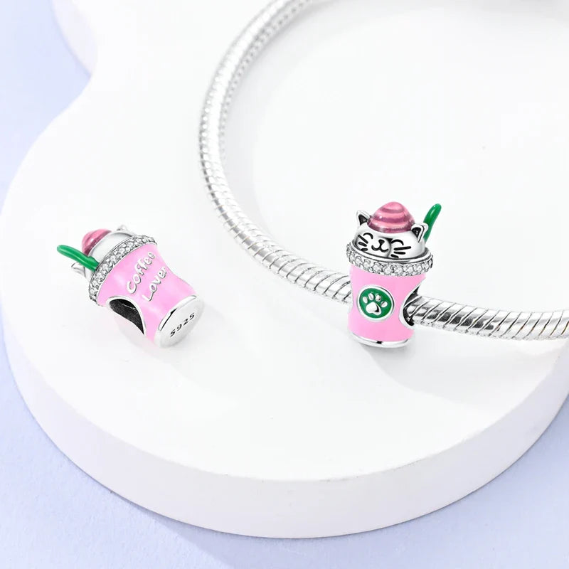 925 Sterling Silver Pink Pendant Charm for DIY Jewelry Bracelet and Necklace