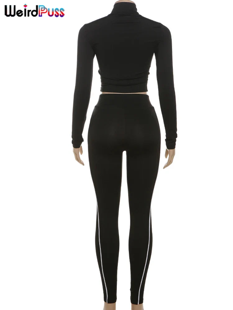 Casual 2 Piece Tracksuit Set with Zip Crop Jacket and Leggings for Sporty Streetwear