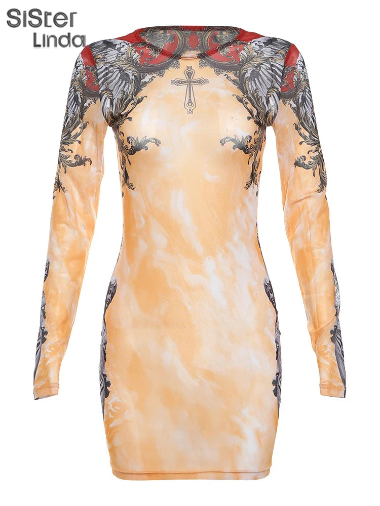 Aesthetic Print Mini Dress With Long Sleeve O Neck Chic