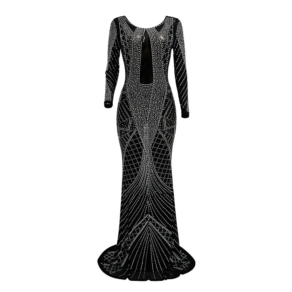 Sexy Mesh Diamond Embellished Maxi Dress for Evening Party