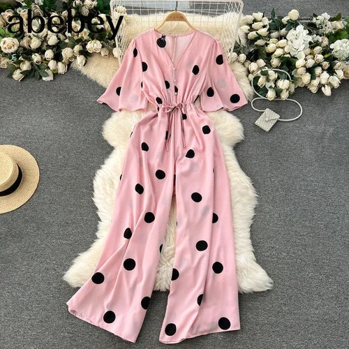 Women Wide Leg Polka Dot Jumpsuit with V Neck Dolman Sleeves and Slim Waist Design