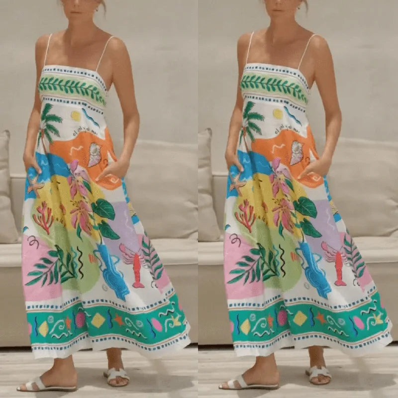 Womens Summer Beach Dress With Printed Spaghetti Straps