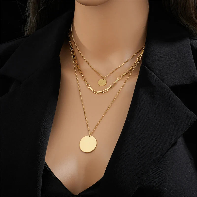 Gold Color 316L Stainless Steel 3in1 Round Pendant Necklace for Women with Multilayer Chain Design