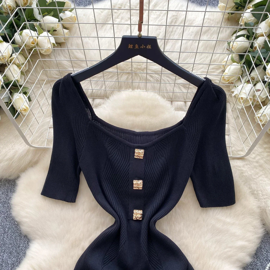 Women Square Collar Knit Dress Short Sleeve Wrap Sheath